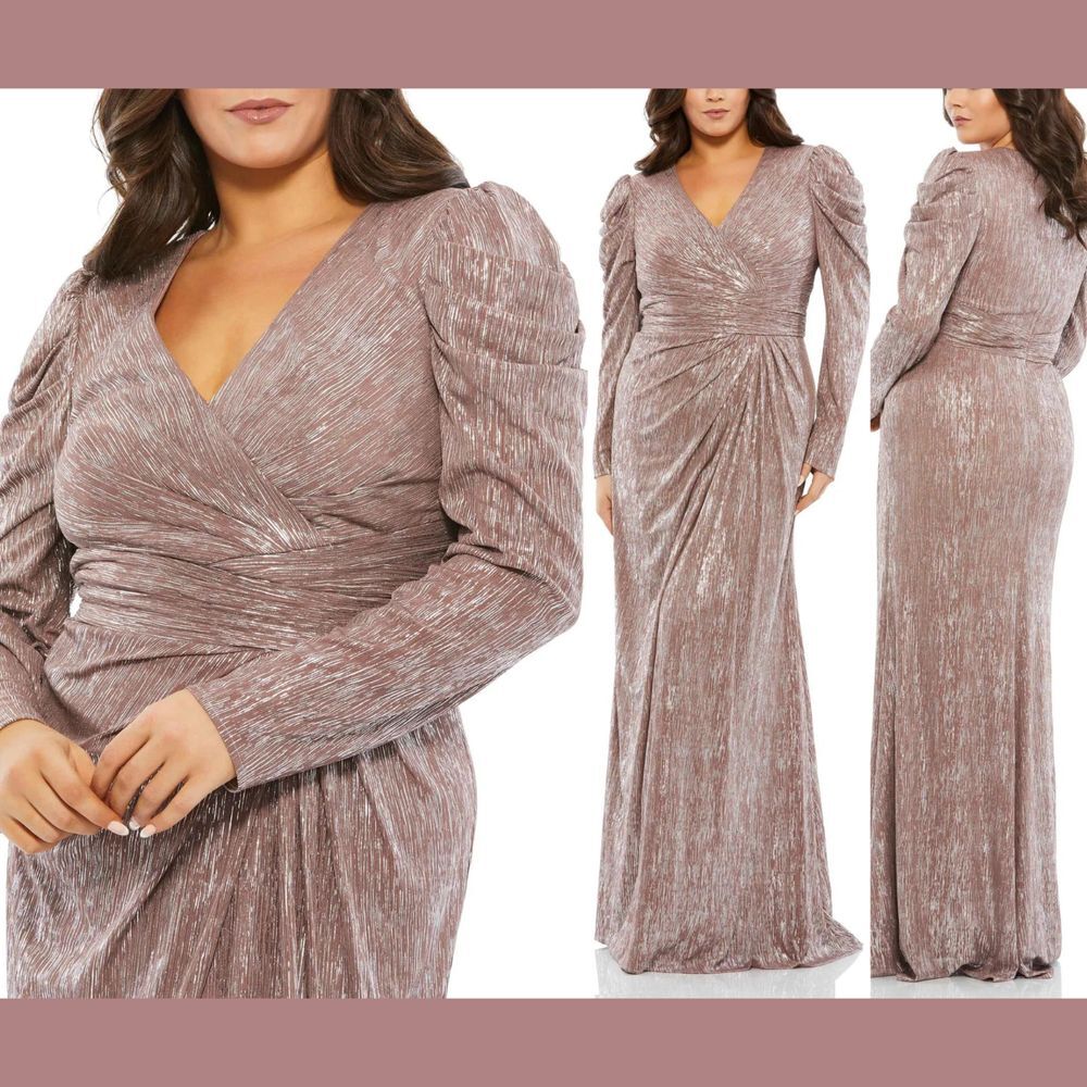 NWT $398 Mac Duggal [ PLUS 24W‎ ] Faux Wrap Draped Puff Sleeve Gown Mauve G1603